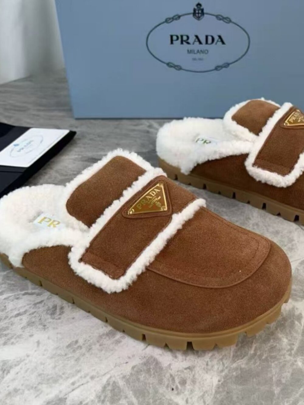 Fashion Prada Triangle Plate Warm Winter Mule Slides - Picture 4 of 8